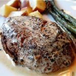 Fillet of Beef (Steak) au Poivre and Purple Asparagus, at a fine restaurant