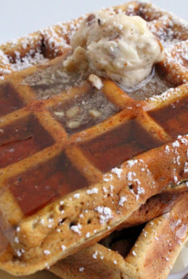 These homemade waffles are reminiscent of gingerbread cookies, while the pumpkin adds plenty of moisture. I like to make Vanilla Bean-Pecan Butter to top this with. This is perfect for Christmas morning-- or any time of year.