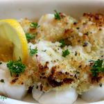 Scallops, to me, are the filett of the sea. This recipe isn't too complicated, and you can even make it ahead of time. It's fancy enough for a dinner party, too! The panko topping has fresh herbs, garlic and then the scallops are baked in white wine. So incredibly good (Try substituting shrimp, if you wish.)