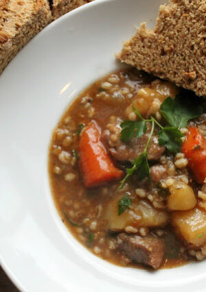 A plate of Irish Stew with Barley and Carrots