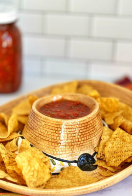 This recipe is simple to make your own Restaurant Style Salsa. This salsa uses canned tomatoes and it tastes fresh and just as good as any restaurant salsa–so you can make this all year around! You can adjust the amount of kick you want, by the amount of jalapeno…or, you can leave out the jalapeno altogether