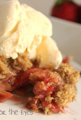 Strawberry-Rhubarb Crumble Pie or Crisp is something that makes me look forward to spring and summer months. Sweet strawberries are a perfect balance for tart rhubarb. I'm the only member of my family who isn't a huge fan of pie, so I reserve some filling for a ramekin and top it with this delicious brown sugar oat topping. Vanilla ice creams is the perfect way to serve this.
