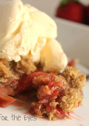 Strawberry-Rhubarb Crumble Pie or Crisp is something that makes me look forward to spring and summer months. Sweet strawberries are a perfect balance for tart rhubarb. I'm the only member of my family who isn't a huge fan of pie, so I reserve some filling for a ramekin and top it with this delicious brown sugar oat topping. Vanilla ice creams is the perfect way to serve this.