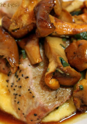 Chanterelles are a wild mushroom, usually a golden apricot color. On the West Coast (where I live) they can be found between September - February. If you can't find these, try using Portabello or Cremini (baby portabello) mushrooms. There's a quick apple cider pan sauce and creamy polenta that makes this a delicious fall meal.