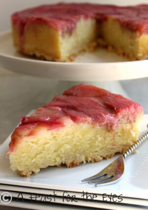 There are three elements to this moist Rhubarb Sour Cream Coffee Cake. There's a layer of caramelized rhubarb, and a moist a layer of streusel. When the cake is inverted, the streusel becomes the crust. The rhubarb becomes tender with just the right balance of sweet and tart.