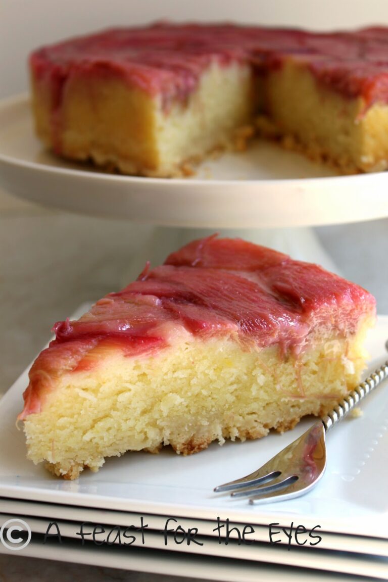 There are three elements to this moist Rhubarb Sour Cream Coffee Cake. There's a layer of caramelized rhubarb, and a moist a layer of streusel. When the cake is inverted, the streusel becomes the crust. The rhubarb becomes tender with just the right balance of sweet and tart.