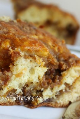 This Pumpkin Pecan Sour Cream Streusel Coffee Cake could be eaten pumpkin year-round, as far as I'm concerned. This Coffee Cake is super moist. The pumpkin filling is not over-the-top sweet, in a good way. The crunch of pecans adds a nice contrast to the cake. This recipe can easily be adapted as muffins.