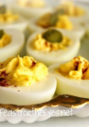 A plate of stuffed deviled eggs.
