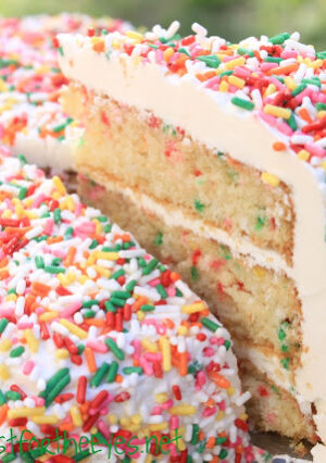 This is what a birthday cake should be! A moist vanilla layer cake, with a homemade Swiss Meringue Buttercream frosting– velvety smooth and creamy and decorated with colorful and festive sprinkles! Did I mention that I made this for my own birthday? Yes, I did, and my guests loved it as much as I enjoyed making it!