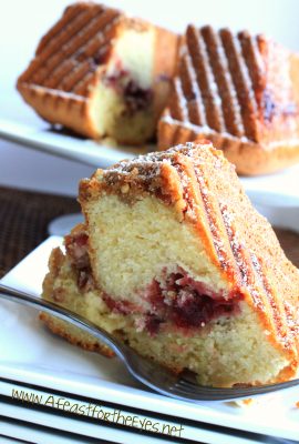 This Cranberry Pecan-Streusel Sour Cream Coffee Cake is a perfect way to use up any leftover cranberry sauce. The sour cream in the cake batter is for moisture insurance. There's also a hint of almond extract with a crunch of a pecan streusel. It’s perfect with a cup of coffee or tea.