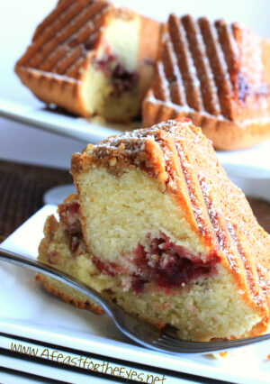 This Cranberry Pecan-Streusel Sour Cream Coffee Cake is a perfect way to use up any leftover cranberry sauce. The sour cream in the cake batter is for moisture insurance. There's also a hint of almond extract with a crunch of a pecan streusel. It’s perfect with a cup of coffee or tea.