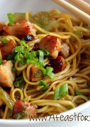 A bowl of pork lo mein