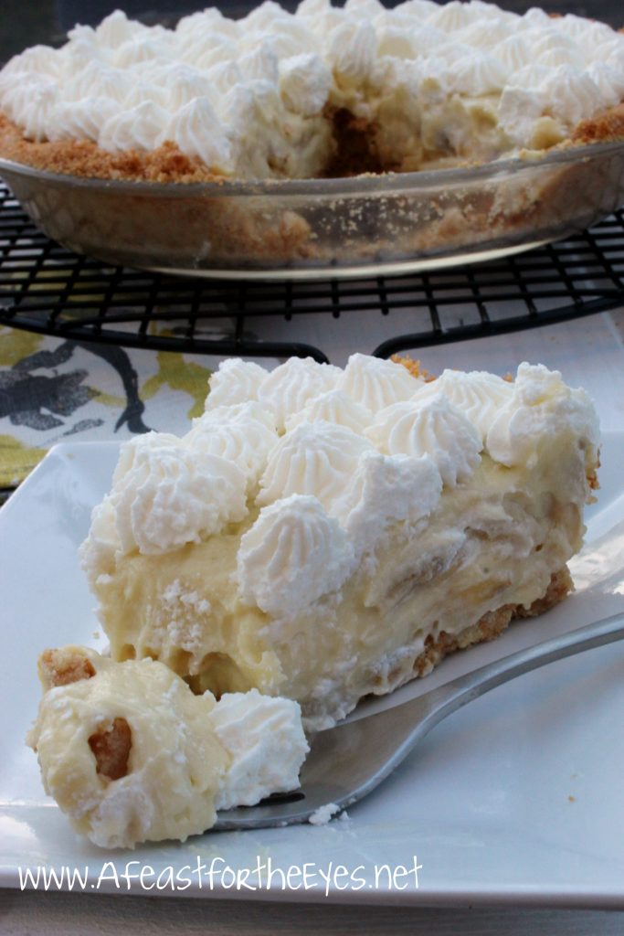 This banana cream pie recipe is everything it should be– and I don’t preface many recipes I’ve made as “The Best” unless I stand behind my claim. I’ve made a Nilla wafer pie crust and filled it with a real banana infused pastry cream that is to die for! A generous layer of sliced bananas fills the center of the pastry cream (the bananas are coated with orange juice, to prevent browning) and one more layer of banana pastry cream. The top layer if finished with fresh whipped cream. This is the best Banana Cream Pie I have ever eaten! From the first slice, the creamy filling sets perfectly and the banana flavor is spot on the Best Banana Cream Pie I’ve ever had!
