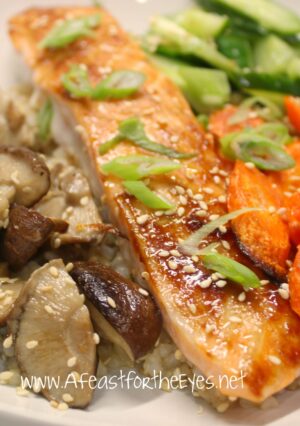 Brown Rice Bowl with roasted carrots, cucumber pickles, mushrooms and salmon.