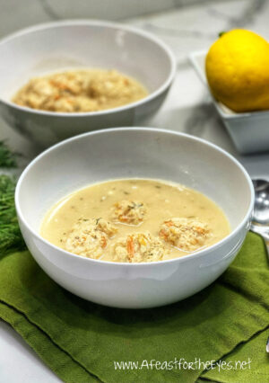 A bowl of Greek Lemon Soup with Chicken Meatballs