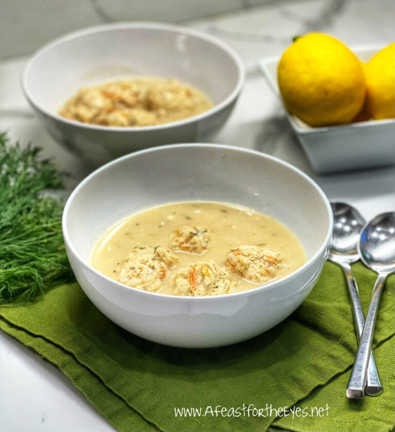 A bowl of Greek Lemon Soup with Chicken Meatballs