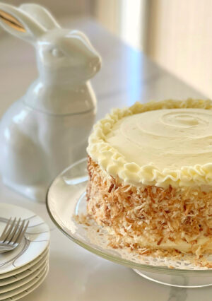 A tall layer coconut cake.