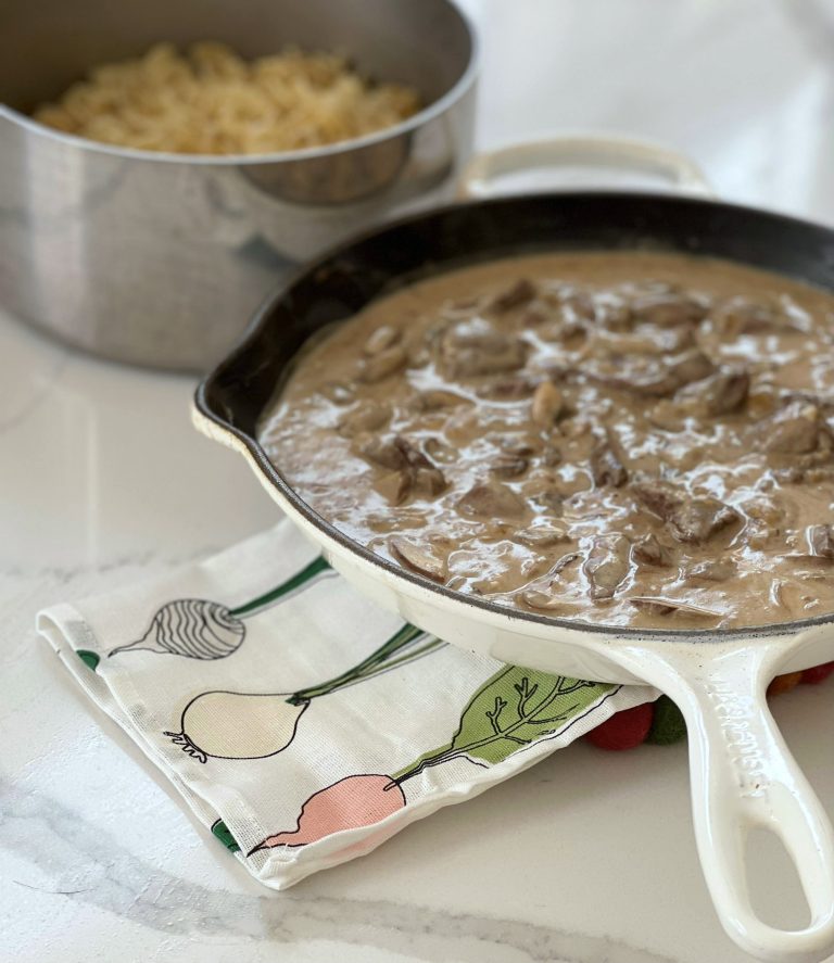 This Classic Beef Stroganoff with Egg Noodles is so delicious. Tender chunks of beef and mushrooms, coated in a luscious creamy sauce, and served over a bed of egg noodles looks like a fancy complicated meal. It’s actually quite the opposite. This recipe can be on the table in 30 minutes, so it's perfect for a week night meal.