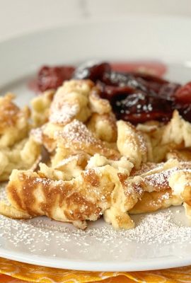 Kaiserschmarrn or Kaiserschmarren is an Austrian shredded pancake, It's a light and fluffy "pancake" with a souffle' texture, that is perfect for Brunch-- or even as a light evening meal. In Bavaria, it is often served with a plum compote. We also like ours lightly dusted with powdered sugar and with homemade apple sauce, on the side. Either way, it's easy to make and delicious!