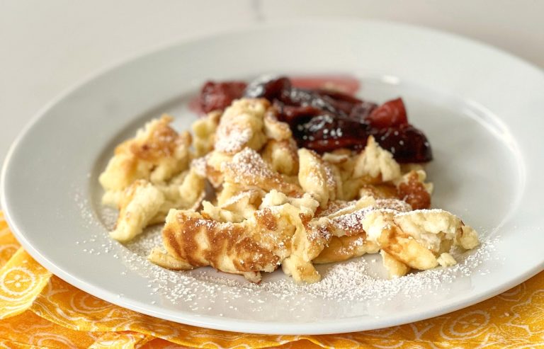 Kaiserschmarrn or Kaiserschmarren is an Austrian shredded pancake, It's a light and fluffy "pancake" with a souffle' texture, that is perfect for Brunch-- or even as a light evening meal. In Bavaria, it is often served with a plum compote. We also like ours lightly dusted with powdered sugar and with homemade apple sauce, on the side. Either way, it's easy to make and delicious!
