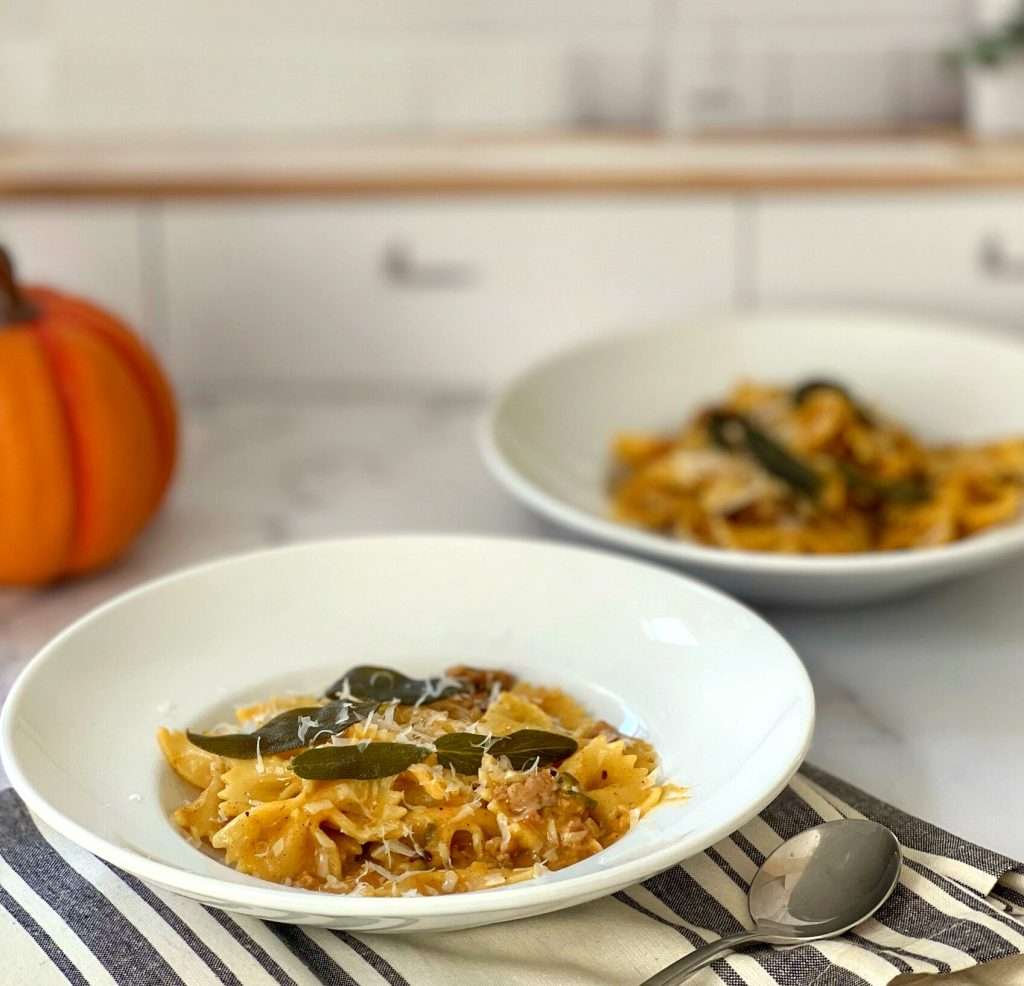 Pasta with a Pumpkin Cream sauce, sausage and sage is a comforting fall dish. Even if you claim you don't like pumpkin, this recipe could change your mind. The cream sauce is savory and unctuous. This recipe isn't  too complicated to make, so it's perfect for a busy dinner night meal.