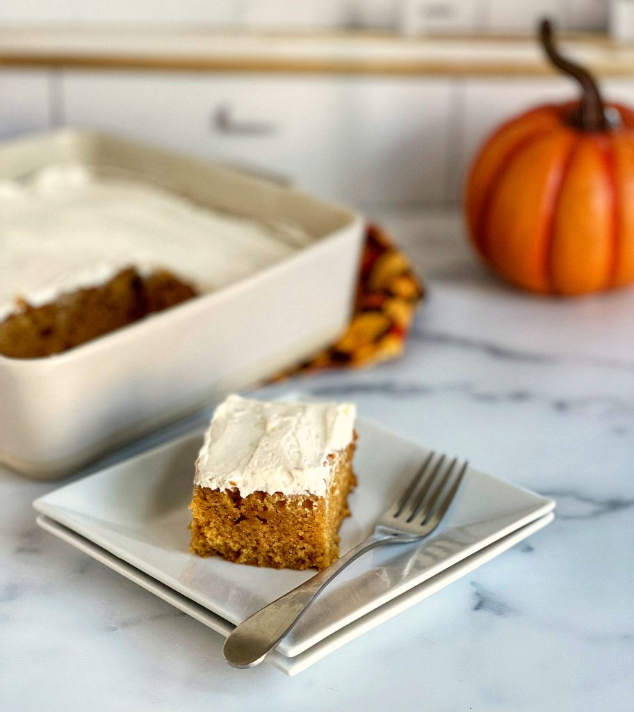 One Bowl Pumpkin Snack Cake with Marshmallow Buttercream Frosting