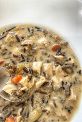 We never throw away our turkey carcass, after a holiday feast! This Turkey and Wild Rice soup is deliciously creamy. There's a bit of white wine added to the broth, for extra depth of flavor. While we love turkey sandwiches, this soup is a great alternative-- and, it's so comforting.