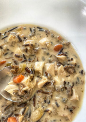 We never throw away our turkey carcass, after a holiday feast! This Turkey and Wild Rice soup is deliciously creamy. There's a bit of white wine added to the broth, for extra depth of flavor. While we love turkey sandwiches, this soup is a great alternative-- and, it's so comforting.