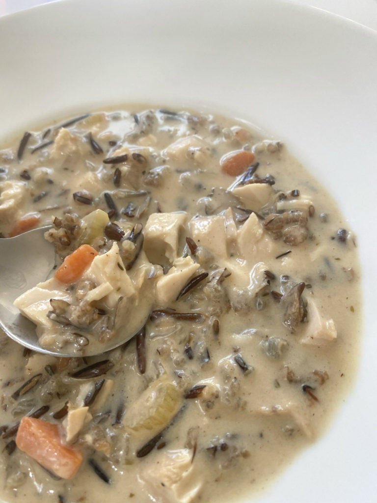 We never throw away our turkey carcass, after a holiday feast! This Turkey and Wild Rice soup is deliciously creamy. There's a bit of white wine added to the broth, for extra depth of flavor.  While we love turkey sandwiches, this soup is a great alternative-- and, it's so comforting.