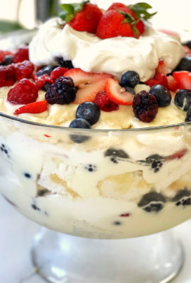 This Creamy Berry Trifle is a luscious dessert that is light and delicious. There's a layer of Angel Food Cake, homemade White Chocolate Pudding, fresh berries and fresh whipped cream. You can take a shortcut, using store bought cake, boxed pudding and dairy topping. I made the pudding and baked the cake a day before. It took minutes to make this beautiful trifle, and my guests loved it!