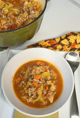 Stuffed Cabbage has strong roots in Poland, though versions are also made it many other European countries. It is made from lightly soft-boiled cabbage leaves wrapped around minced pork or beef, chopped onions, and rice. This Cabbage Roll Soup is a much simpler version to make and tastes so delicious and comforting.