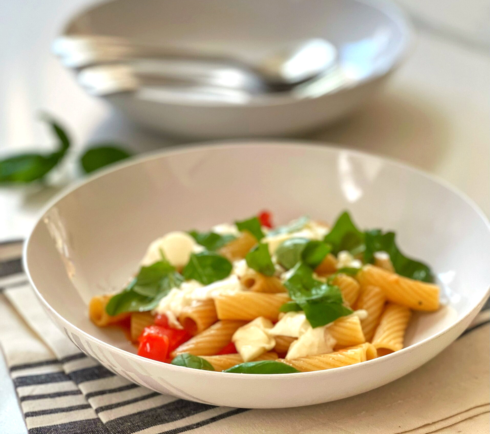 Burrata is an Italian cheese made from mozzarella and cream. The outside is a solid cheese, while the inside has a creamy filling. This recipe showcases fresh summer tomatoes, and their juices, for a natural sauce. Rigatoni Pasta, Creamy Burrata cheese and fresh basil makes a delightful light pasta dish.