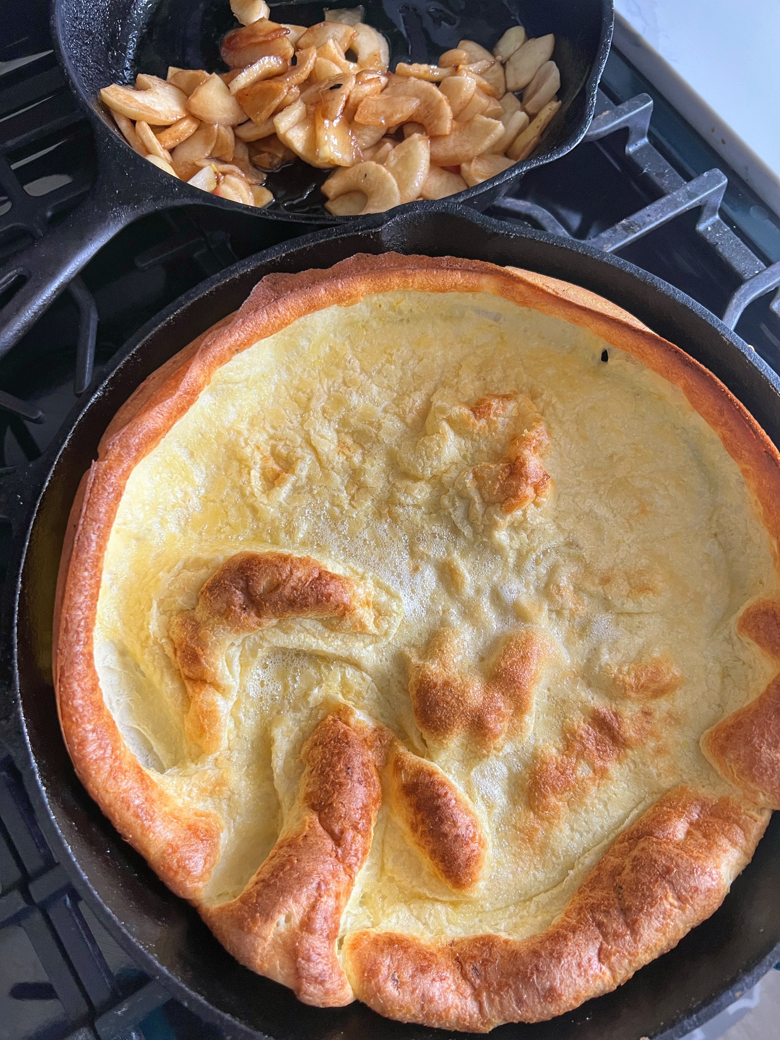 This Dutch Baby Pancake is such a simple batter to make. With this version, fresh apples are sliced, sauteed in butter, brown sugar and cinnamon-- plus an extra ingredient (in the printable recipe card). These are perfect for a fall breakfast or brunch.