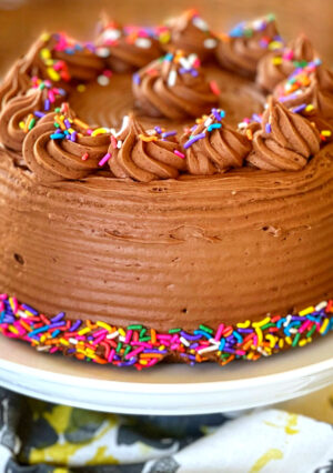 Yellow Cake with a Luscious Chocolate Frosting makes a perfect birthday cake. This recipe doesn't come from a box, either! This classic cake is everything you'd want to celebrate your birthday-- or for any occasion. It's perfect in every way-- tender, moist and delicious. The frosting is chocolate, silky with a surprise ingredient that really amps up the chocolate flavor.
