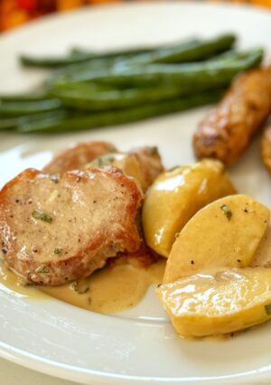 Pork Medallions in a creamy sauce apples and sage.