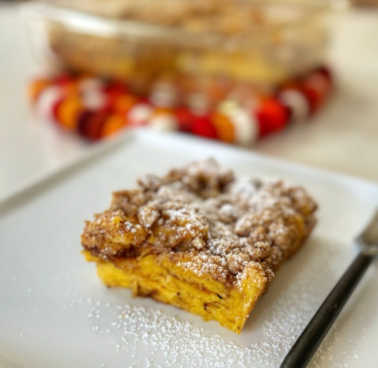 Pumpkin Brioche French Toast Casserole with a Pecan Streusel