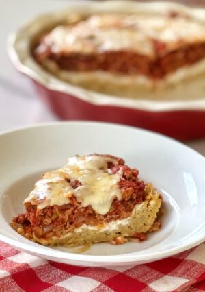 A slice of Turkey Spaghetti Pie Casserole.