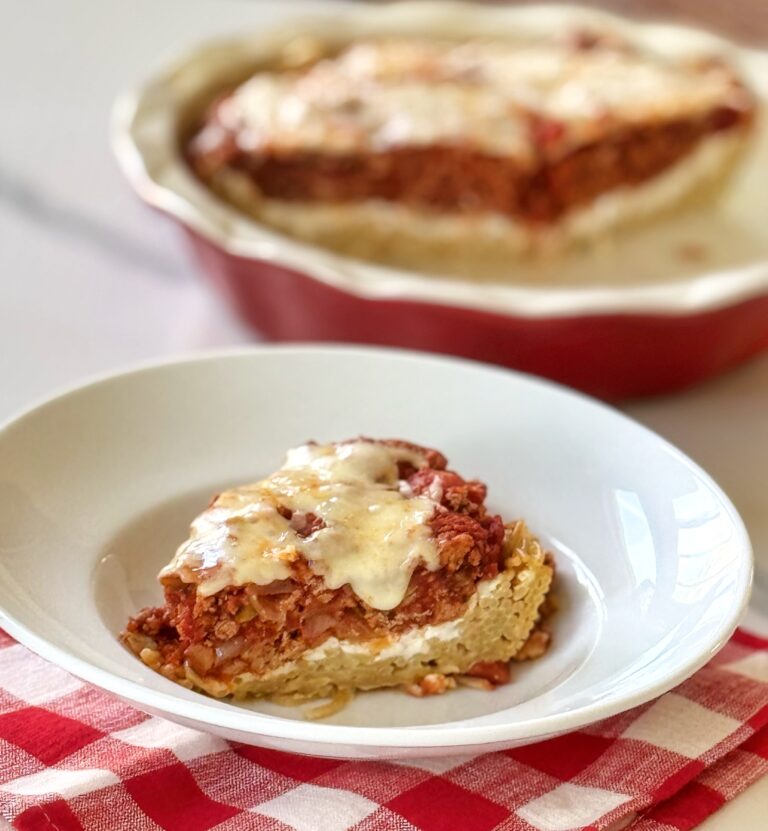 A slice of Turkey Spaghetti Pie Casserole.