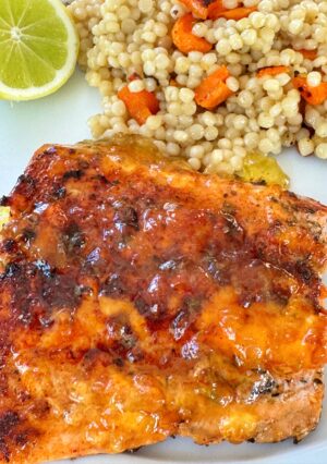 Seared and caramelized salmon with an orange marmalade and lime glaze.