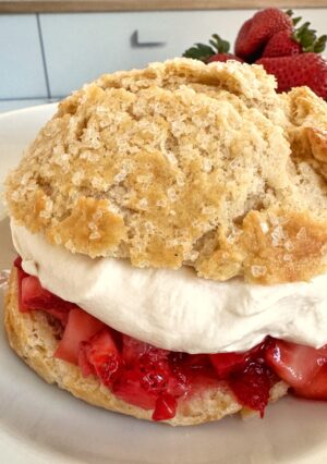 Strawberry biscuit filled with berries and whipped cream.