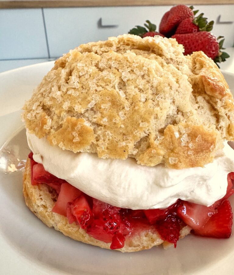 Strawberry biscuit filled with berries and whipped cream.
