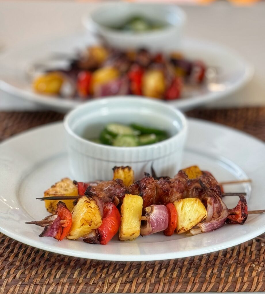Skewered pork and pineapple made in an air fryer.